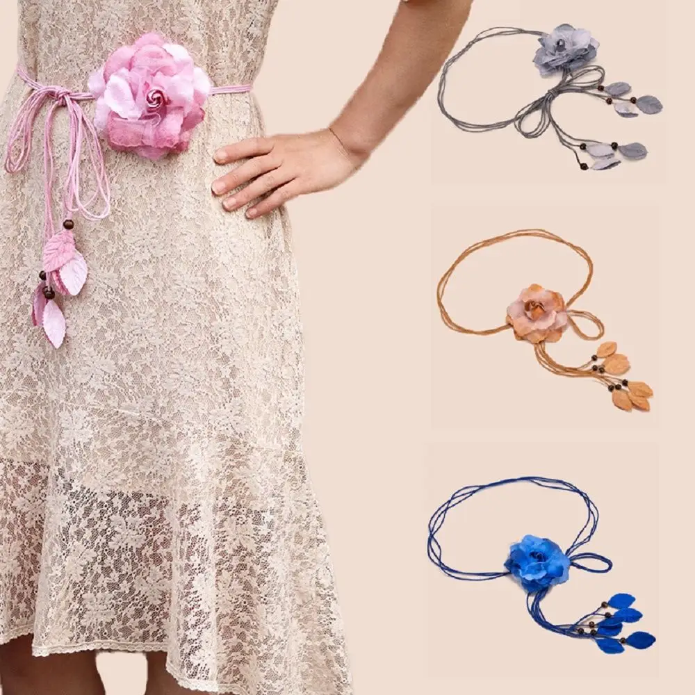 

Fashion Elegant Tassle Thin Dress Decorated Big Flower Waist Chain Waistband Belts Waist Rope