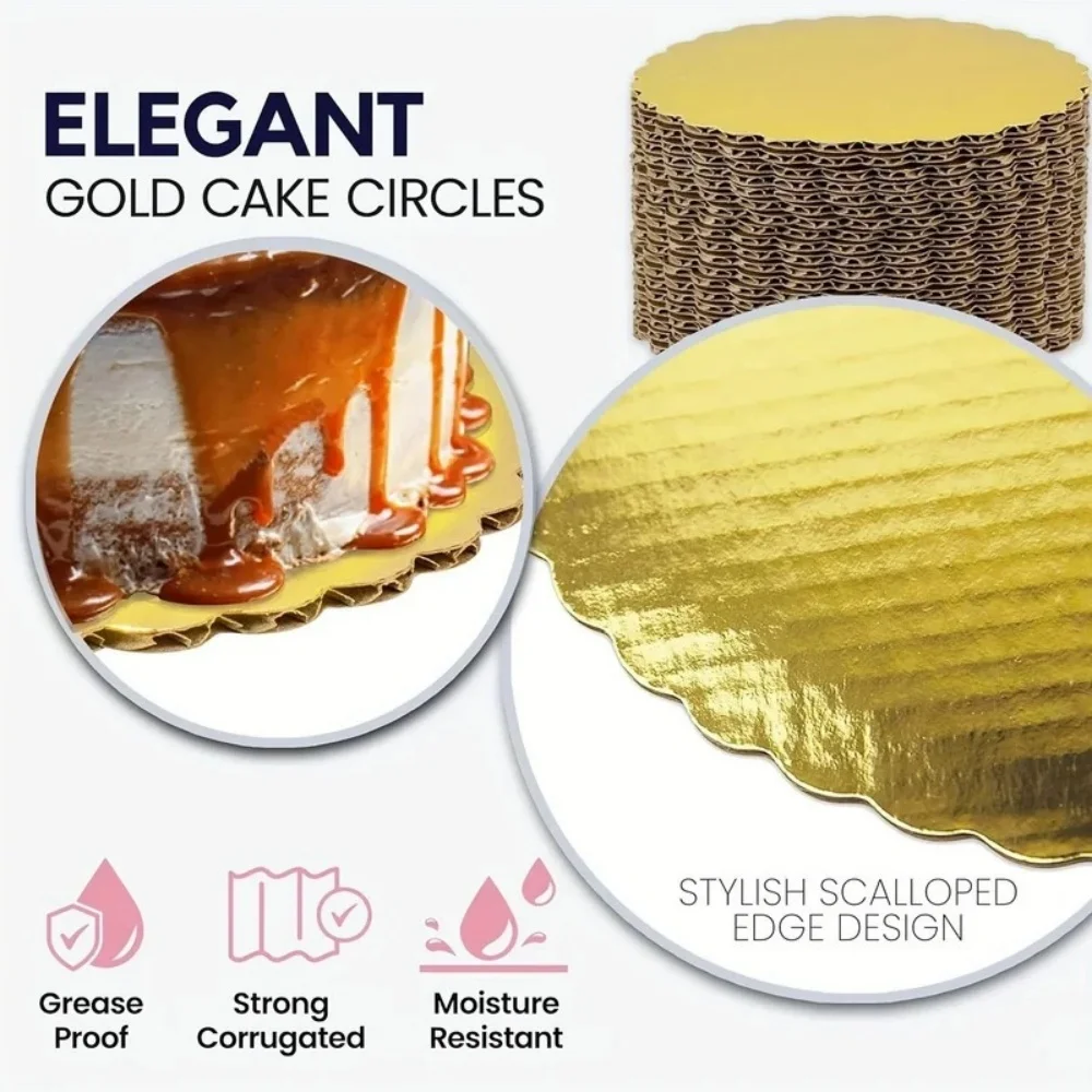 5pcs Round Cake Board 8/10inch Gold Cake Cardboard Cake Circle Plate Scallop Edge Grease Proof Cardboard for Wedding Birthday