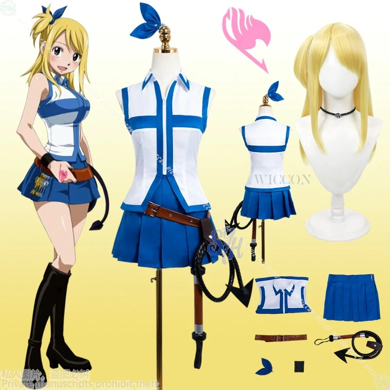 Costume de Cosplay Anime FAIRYYY Lucy, Sexy, bleu, blanc, sans manches, Y2K, haut court, Mini robe, couvre-chef Kawaii, accessoires de fête d'halloween