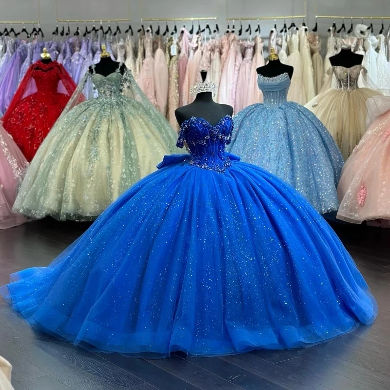 Blue Shiny Ball Gown Quinceanera Dress 2024 Lace Beads Bow Off Shoulder Prom Princess Sweet 15 16 Years Vestidos De XV Anos