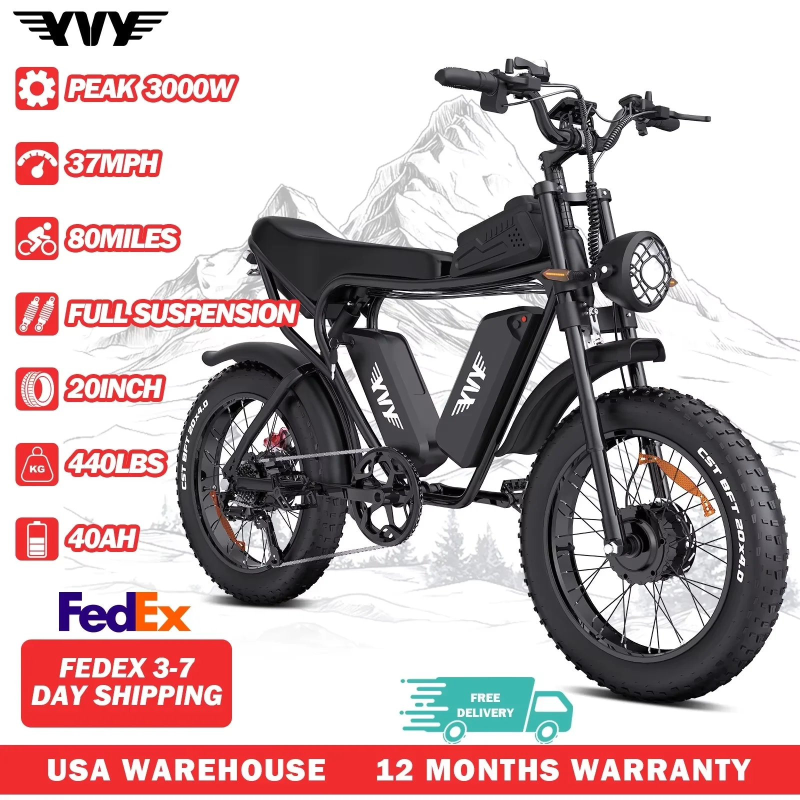 

Battery 52V 40AH Electric Bike for Adults Peak 3000W 37MPH 180 Miles Dirt Bike Electric Motorcycle 20" Fat Tire Mountain Bike