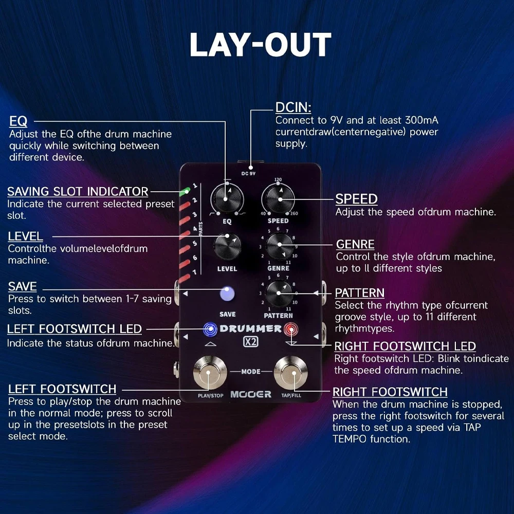 دواسة جيتار ماكينة طبلة MOOER Drummer X2 مع 121 أخاديدًا و11 أنماط موسيقية و7 فتحات إيقاعية وظيفة تعبئة للجيتار الكهربائي