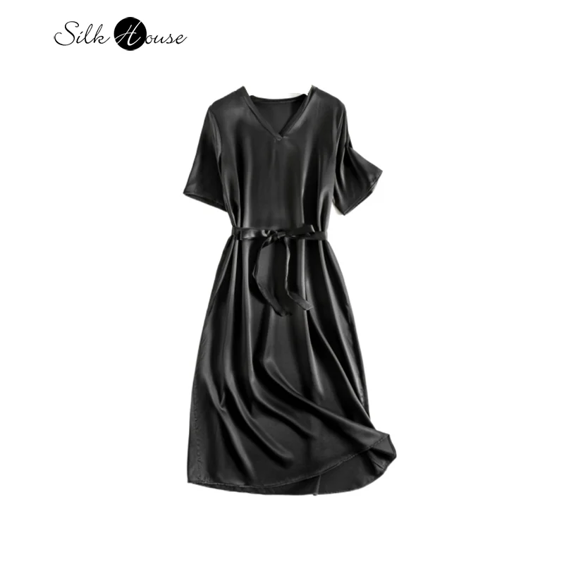 

Smooth 100% Natural Mulberry Silk Satin Black V-neck Mid Sleeve Women's Fashionable Waist Belt Design Casual Dress