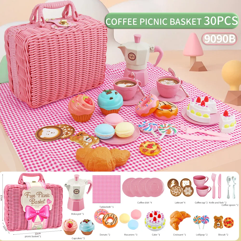 Children Play House Toys Fun Outdoor Picnic Camping Toys Set Handheld Basket Coffee Ice Cream Cake Food Play Toys 30/43Pcs Set