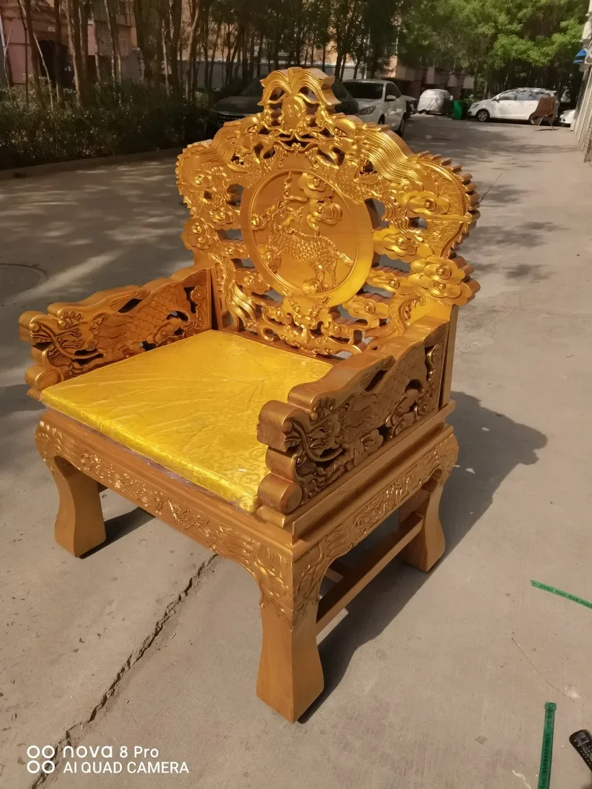 Elm wood gold-lacquered dragon chair, Grand Master's chair, boss  antique palace  nine-dragon throne throne, solid