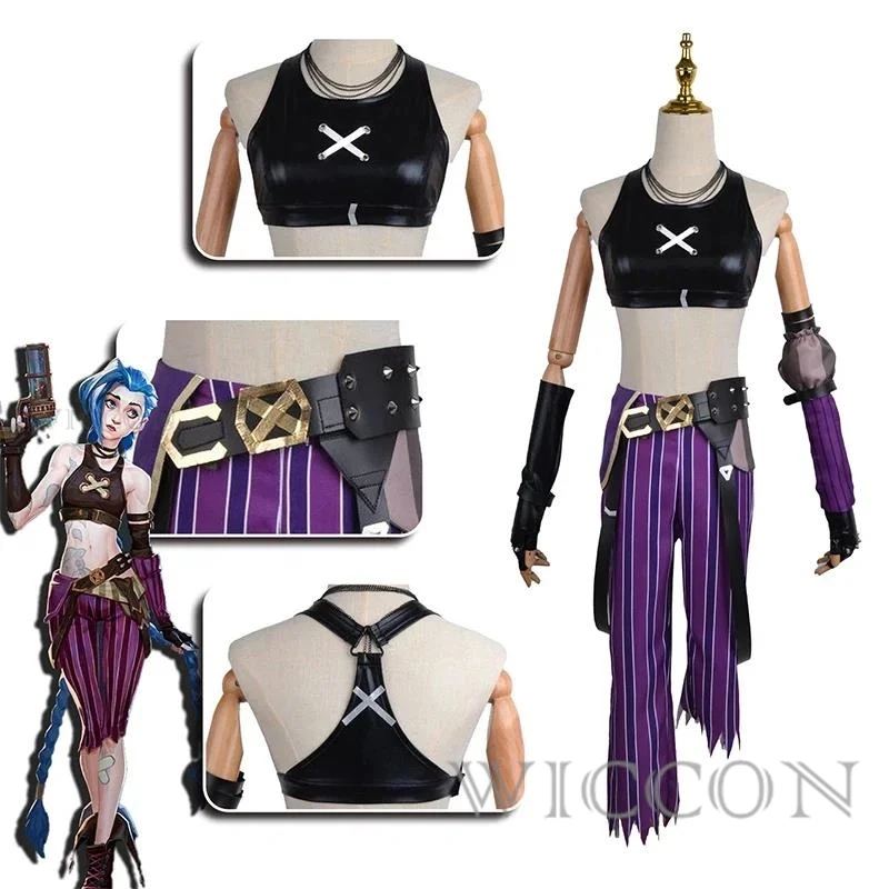 Jinx disfraz de Arcane para mujer, uniforme de Crit Loli Jinx, peluca, tatuaje, pegatina, traje Sexy, disfraz de Carnaval de Halloween