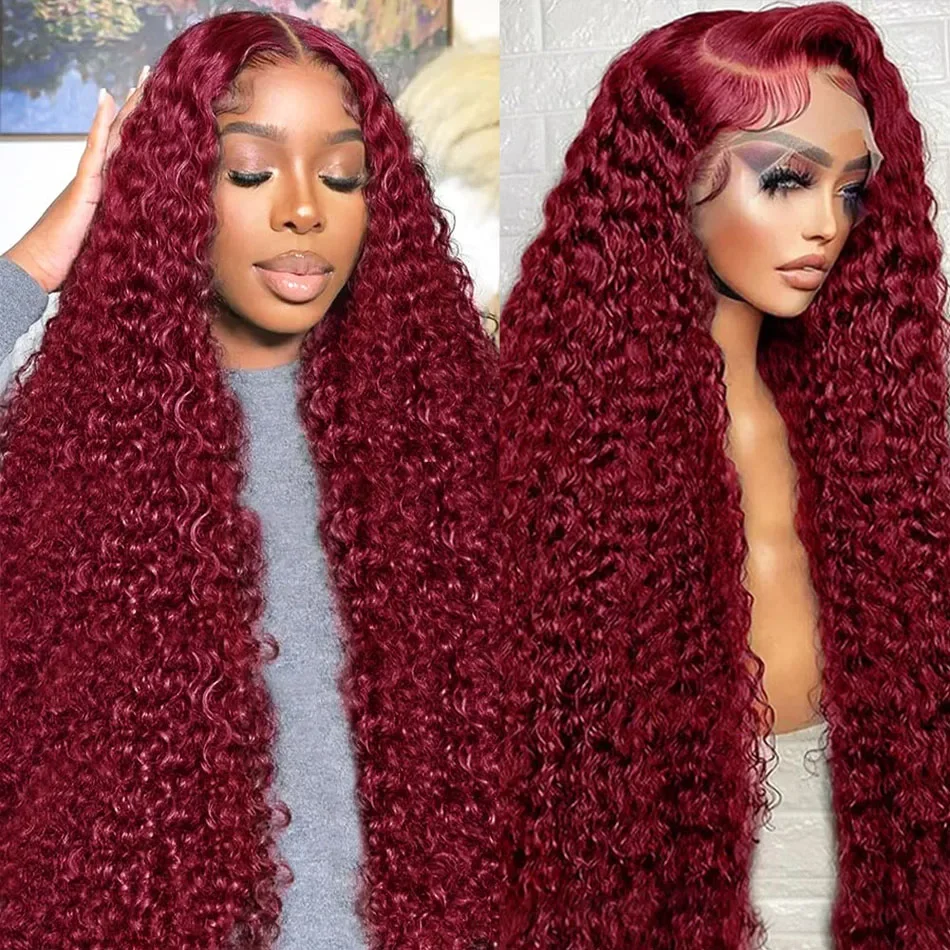 250 Density 13x6 Deep Curly Lace Frontal Wig 99J Burgundy Lace Front Wigs 30 32 Inches Red Colored HD Deep Wave Human Hair Wigs