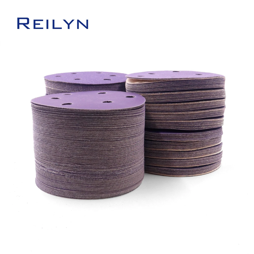 

100pcs 6-hole 5inch purple Sand Paper Wheel 150mm Car Polishing Pad Flocking Sand paper Tray Angle Grinder