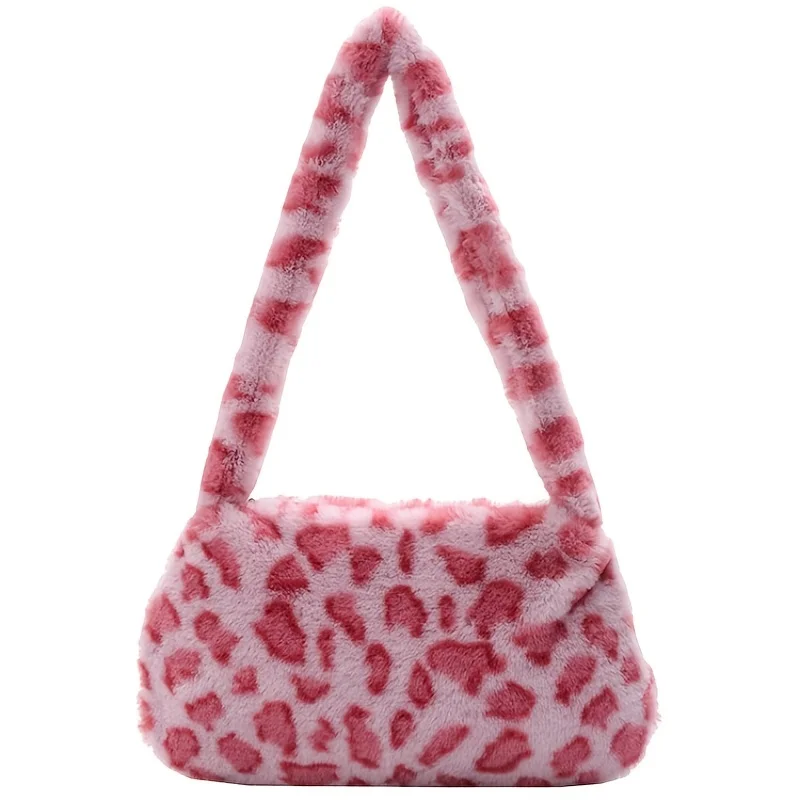 

Women's Leopard Pattern Shoulder Bag, Flurry Plush Underarm Bag, Zipper Stylish Armpit Bag