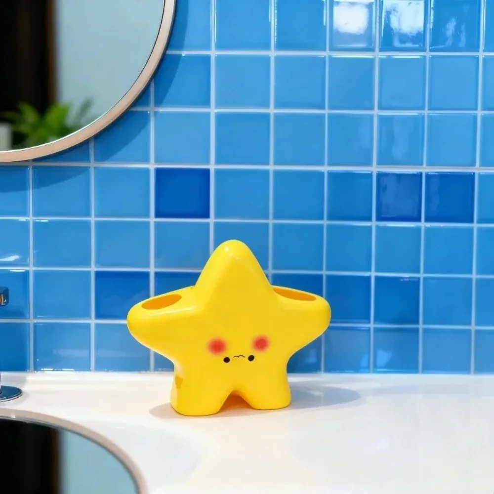 Cute Star Shaped Toothbrush Holder Freestanding Bathroom Organizer with Face Design Toothpaste Storage Rack Space Saving