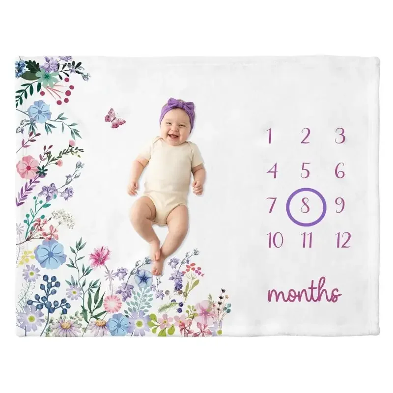 VIKAMA Watercolor Wildflower Baby Milestone Blanket, Floral Butterfly Print Newborn Photo Mat for Girls Nursery Decor