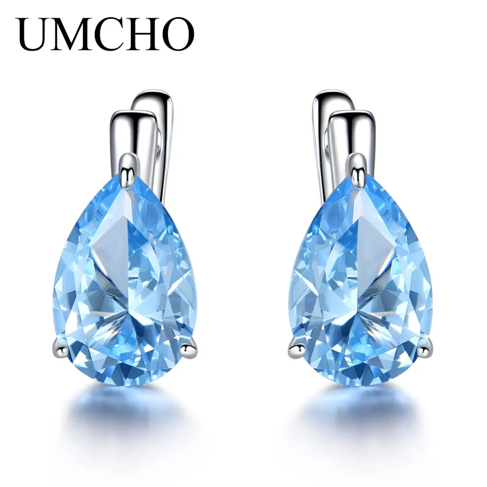 UMCHO Luxury Nano Gemstone Blue Topaz Clip Earrings For Women 925 Sterling Silver Clip On Earrings Water Drop Fine Jewelry Gift