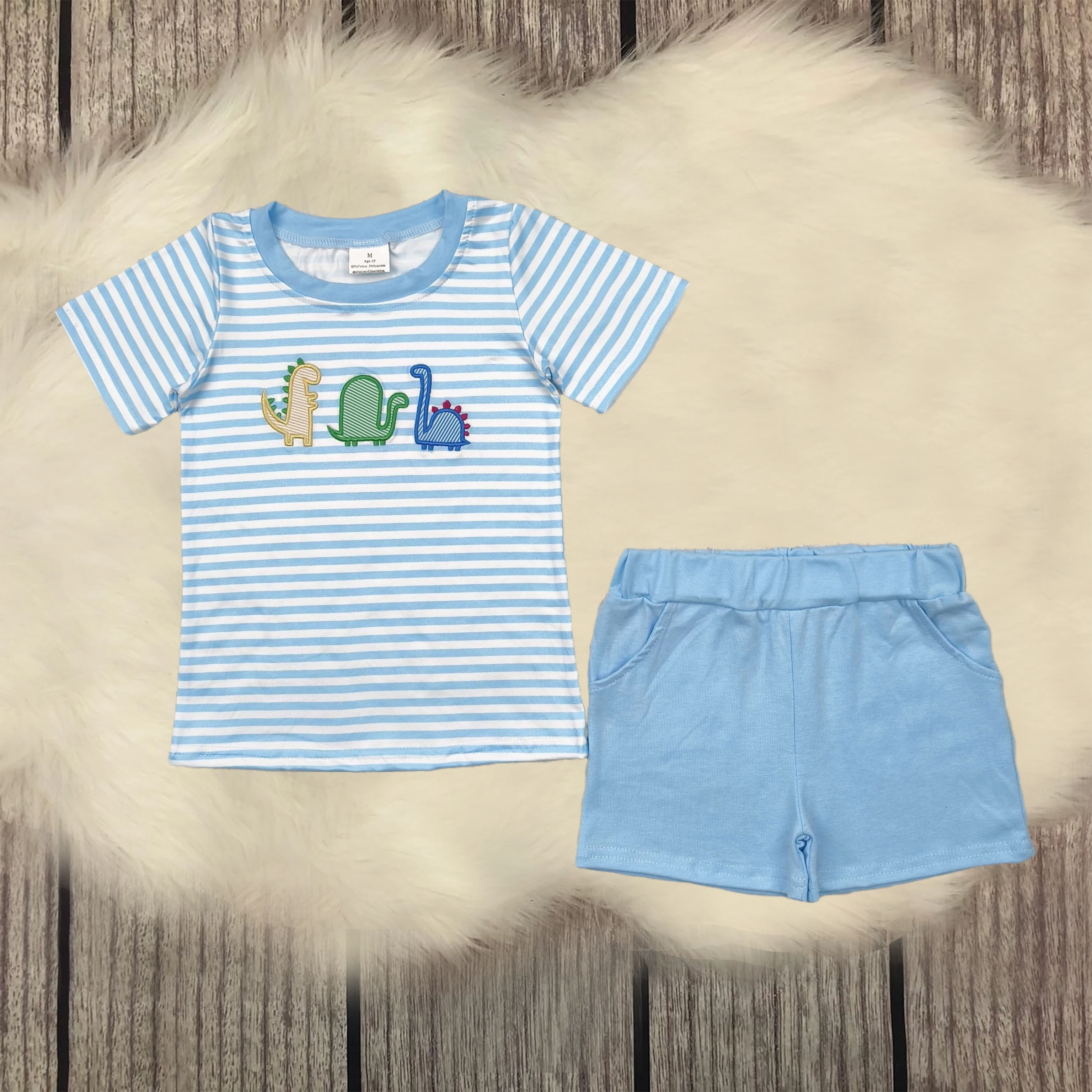 

Wholesale Embroidery Baby Boys Blue Dinosaurs Stripe Shirt Tops Pockets Cotton Shorts Clothes Sets Summer Kids Children Outfits