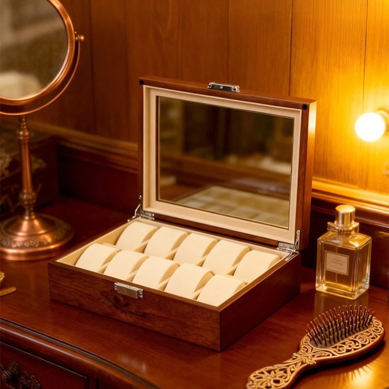 Wooden Watch Box Retro Minimalist Handmade Watches Case Baking Paint Transparent Glass Display Boxes Protect Watches Supplies