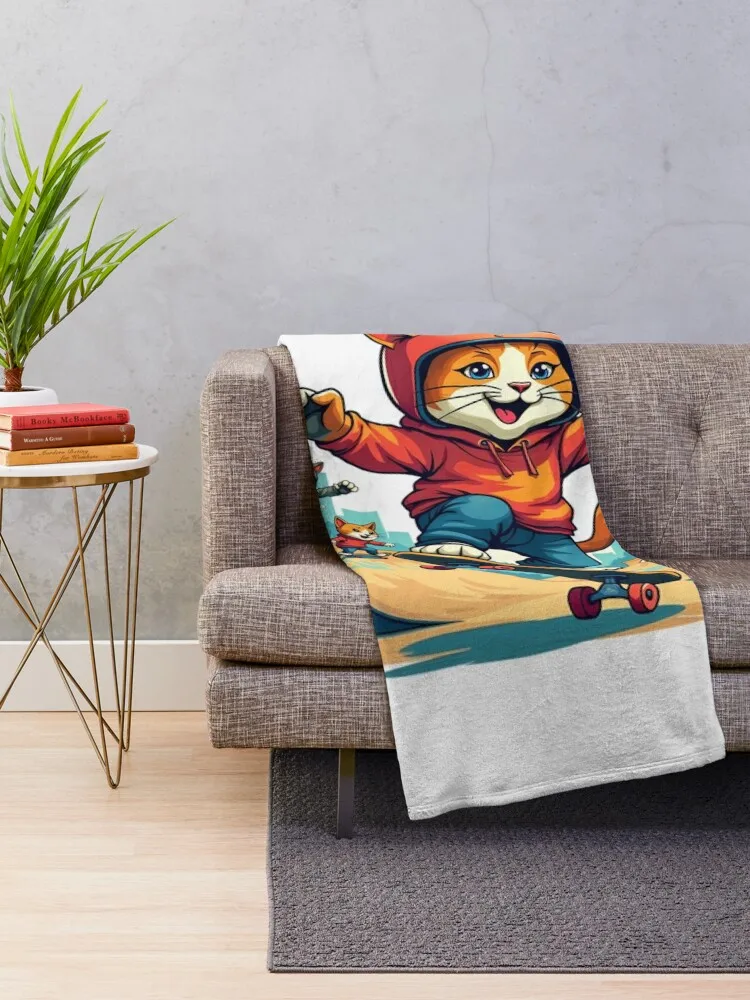 Vibrant Urban Skate Cats Throw Blanket Cute Plaid Soft Plaid Luxury Sofa Throw Blankets