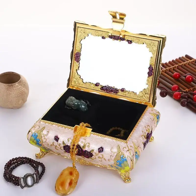 Light Luxury Vintage Flower Jewelry Box Square Rose Jewelry Box with Mirror Creative Necklace Ring Organizer