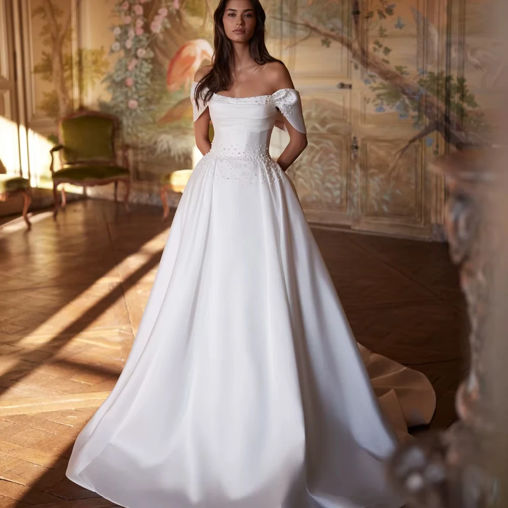 Customized Dazzling Pearls Satin Long Wedding Dress Classic A-line Off Shoulder Bridal Gown Elegant Charming Dresses Bridal Gown