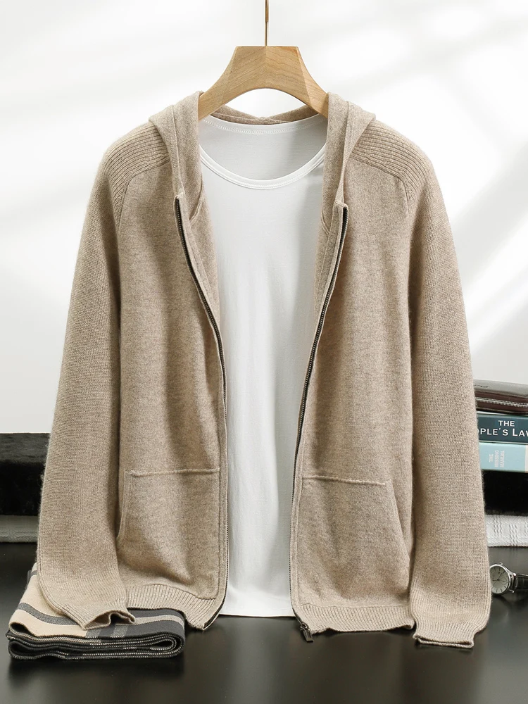 Men 100% Cashmere Sweater Hooded Zippers Cardigan Pants Sets Thick Autumn Winter Pencil Pants Elastic Waist Casual Knit Trousers