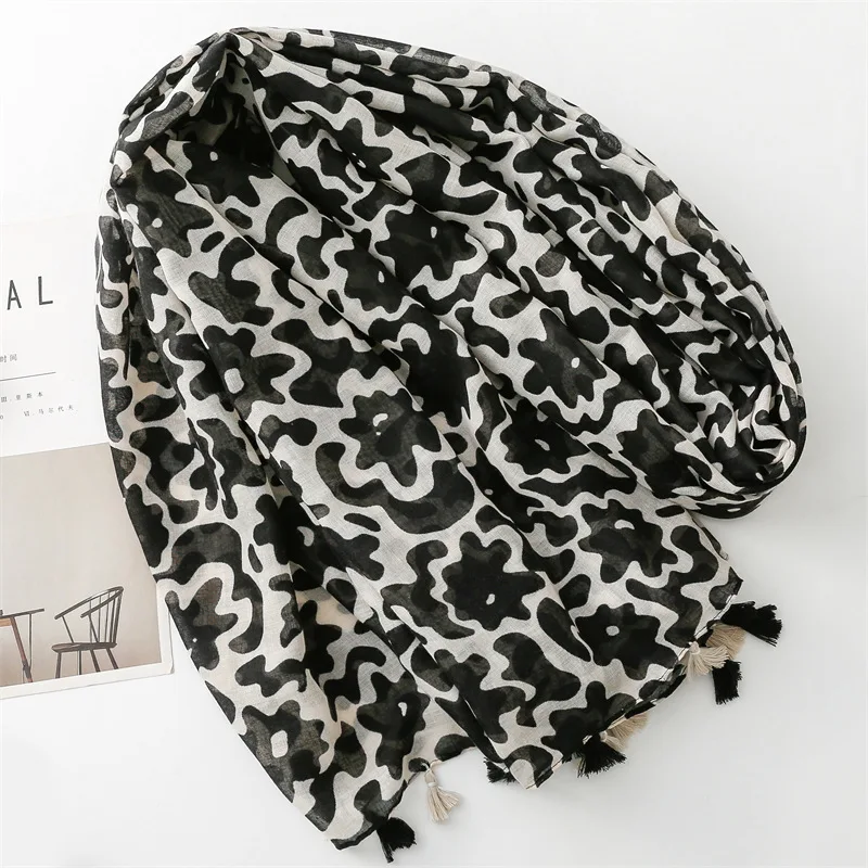 KYQIAO Luxury Brand Scarves Woman Spring Vintage Design Long Black Floral Printed Hijab Winter Accessories