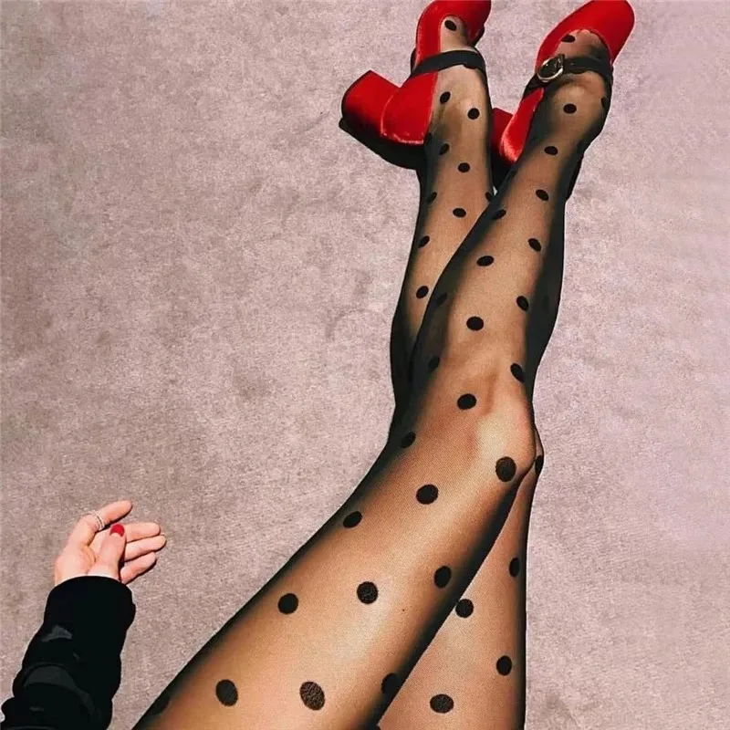 

Polka Dot Print Stocking Women Sexy Black Tights Fishnet Mesh Seamless Pantyhose Nylon Black White Nightclub Ladies Silk Tights
