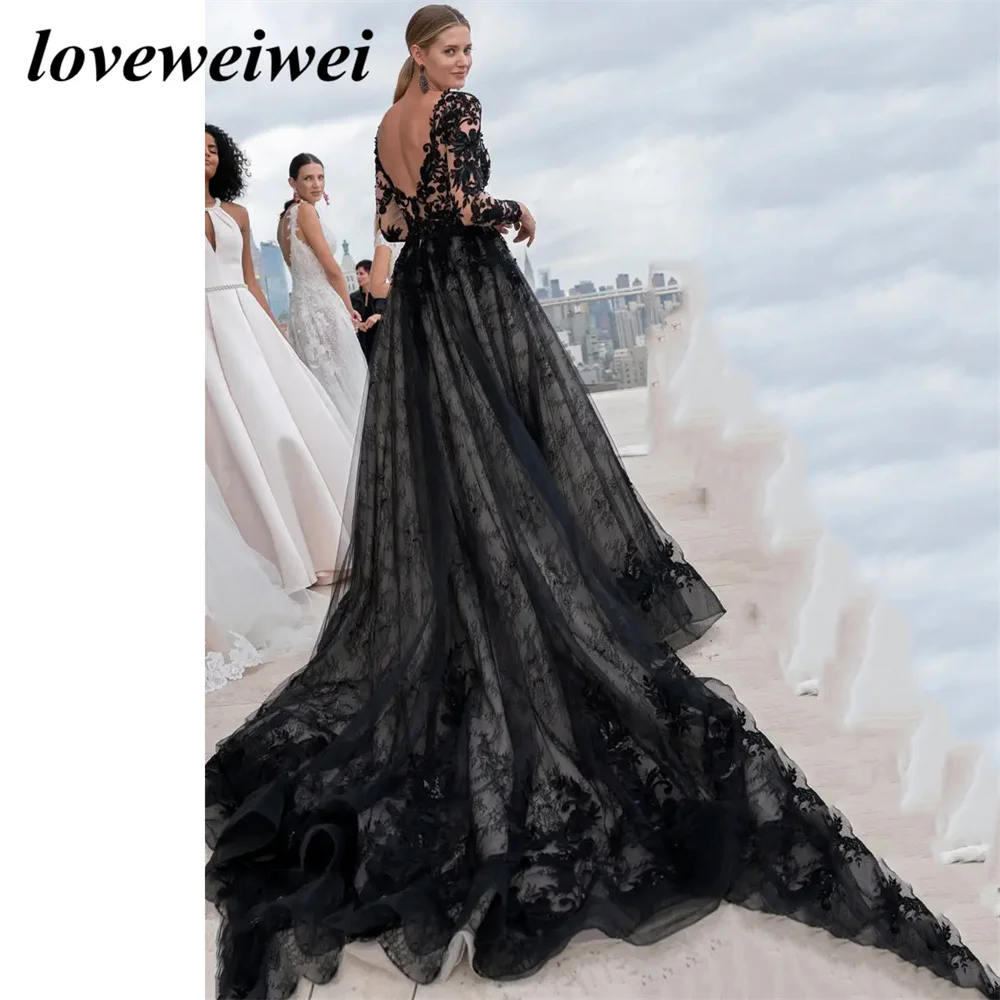 Gothic Black Lace Applique Wedding Dresses Sexy Backless A-line Evening Dress Deep V Neck Long Sleeves Bridal Gowns