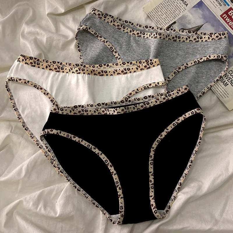3-teiliges Set Damen-Baumwollunterwäsche, Sexy Leopardenmuster Damen-Slips, Große Größen M-3XL, Einfarbige Slips mit Mittelhohem Bund