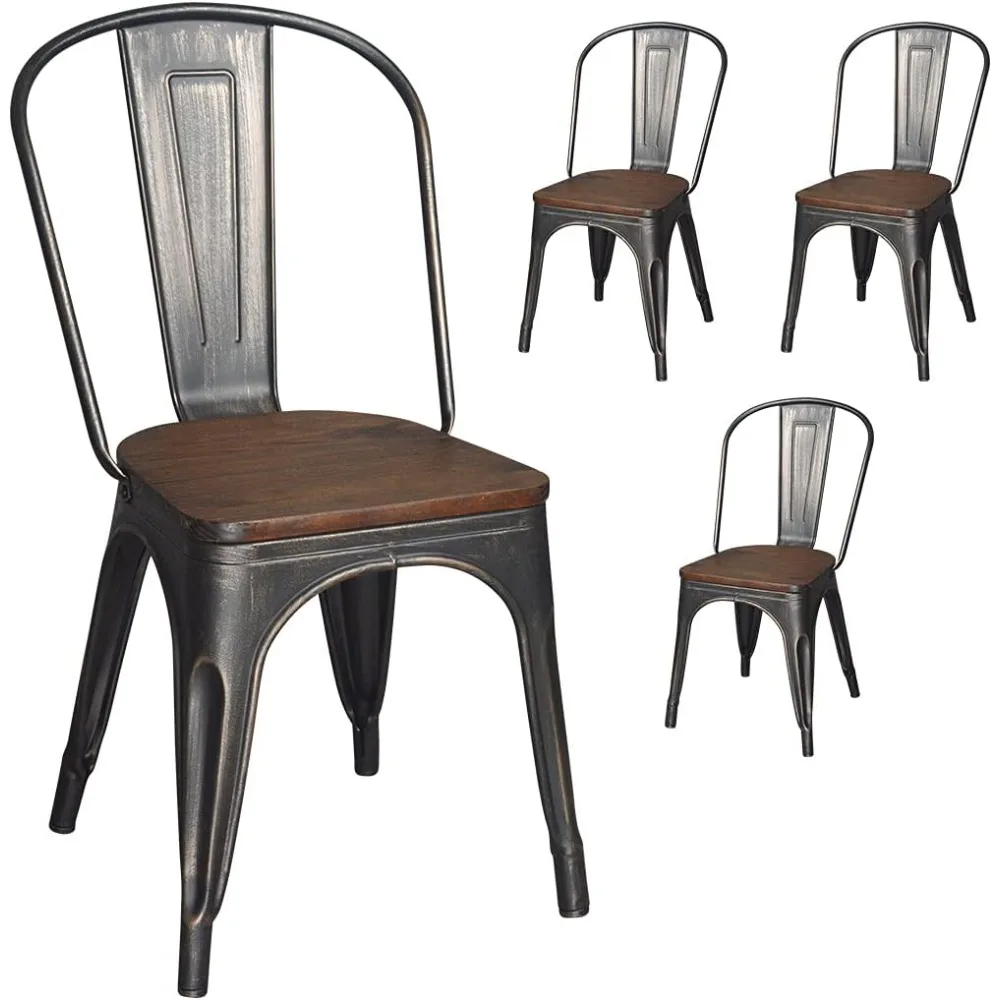 كراسي طعام معدنية، كراسي مطبخ مكدسة للمزرعة، مجموعة من 4 قطع من الذهب الأسود مع مقعد خشبي عالي الظهر لمطعم غرفة الطعام