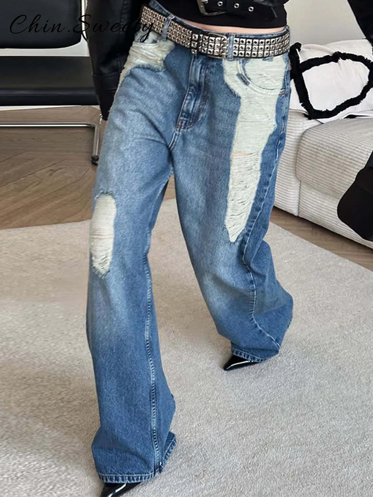 

Fashion Stitched Denim Pants Women Loose Solid Low Waist Wide Leg Trousers Female 2025 Spring Summer Lady Chic High Street Jeans