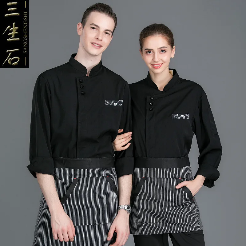 C681 Chef's Work Clothes Long Sleeves Stand Collar Chef Jacket Coat Kitchen Work Wear Catering Cook Baking Coat Chef Uniform