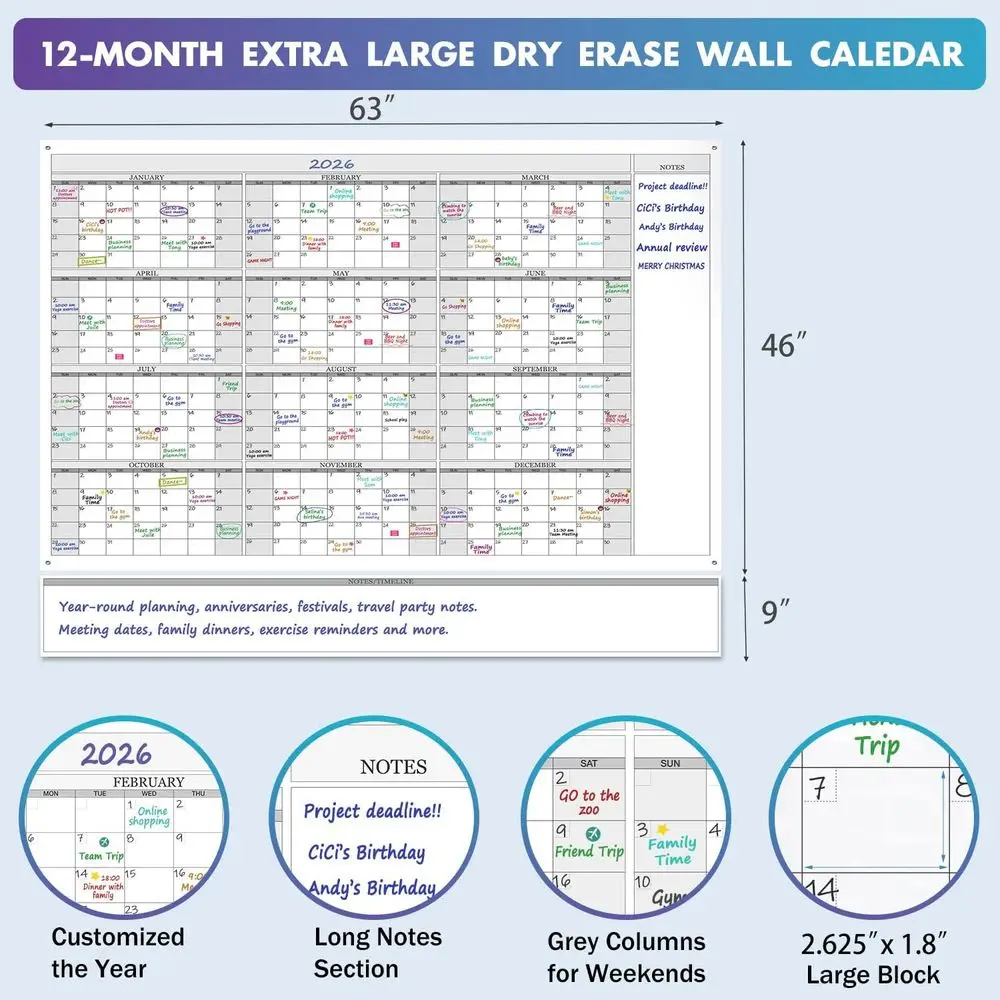 تقويم جداري كبير الحجم ومسح جاف لمدة 12 شهرًا، 55 × 63، مخطط عائلي عملاق، لوحة جدول سنوي قابلة لإعادة الاستخدام