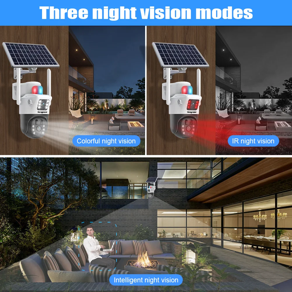 HongGlobal 8MP 4K V380 Pro WiFi Full HD Wireless Dual Lens Solar Powered Panel IP PTZ 4G Sim Card Outdoor Security Solar Camera