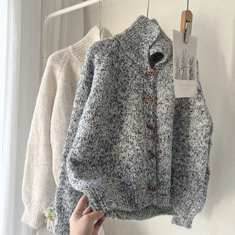 Casaco suéter de malha Laid-ba Aosphere Thiened com padrão de flor solto ajuste longo Sve com fecho de botão único malhas