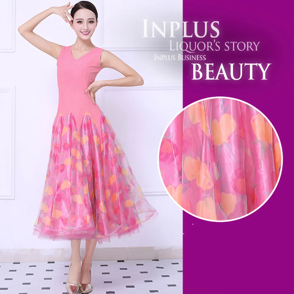 Walzerkleid Neues Ballsaal-Flamenco-Kleid mit Punkten und V-Ausschnitt, Standard-Wettbewerb, schmale Passform, ärmellos, rosa, schöner Gesellschaftstanz