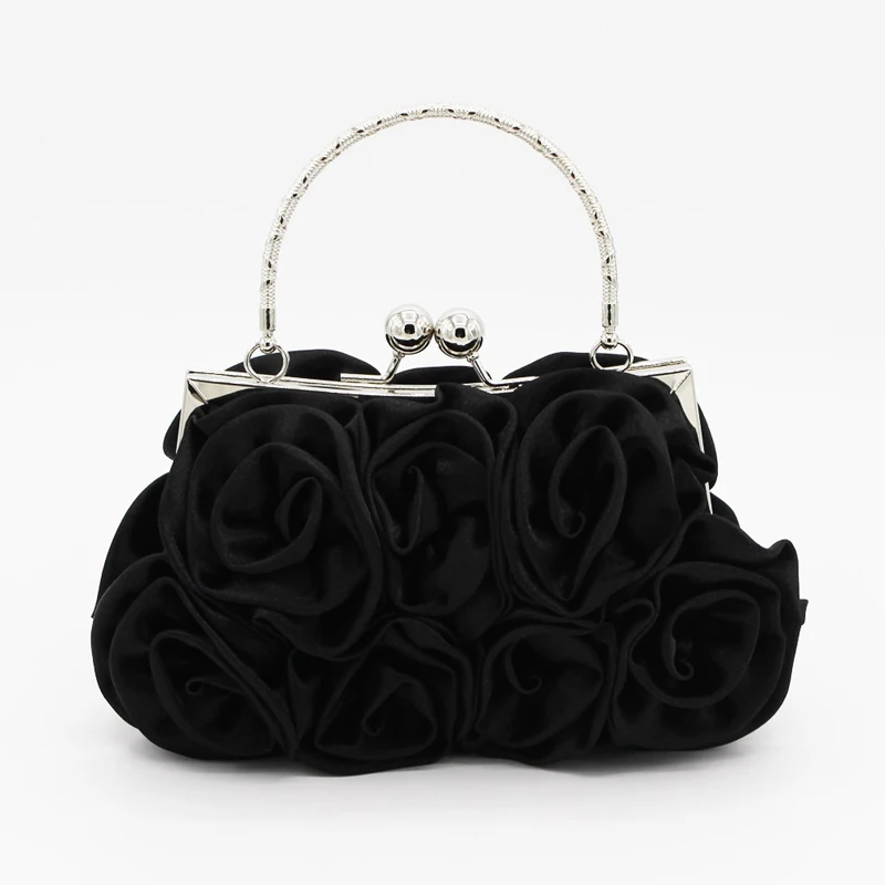 

SHELKSBAG Women Evening Bag Rose Flower Satin Clutch Handbag Ladies Luxury Elegant Metal Handle Purse for Party Wedding Bridal