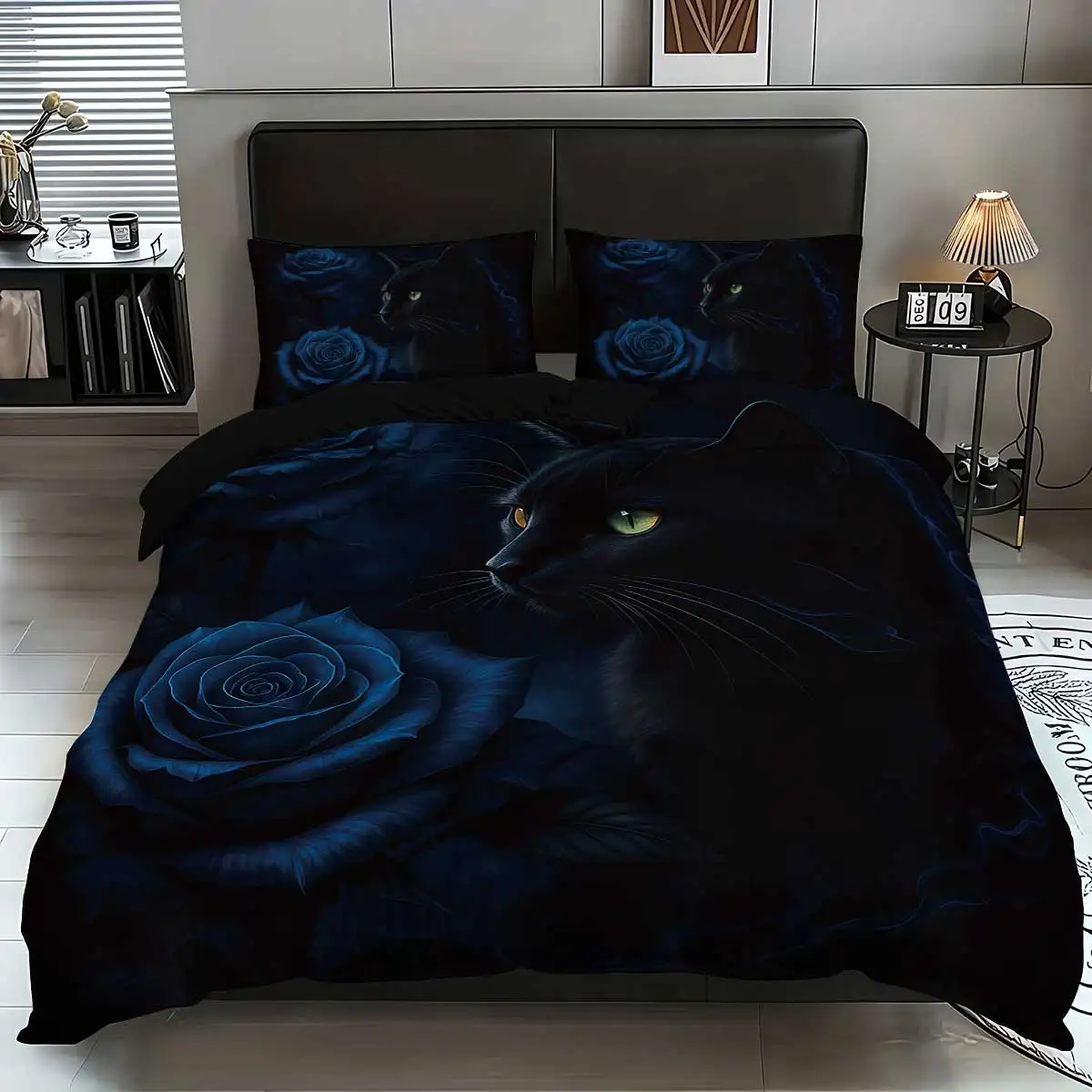

3-piece set (1 quilt cover, 2 pillowcases, no core), cool black cat and blue rose pattern bedding set, soft and comfortable