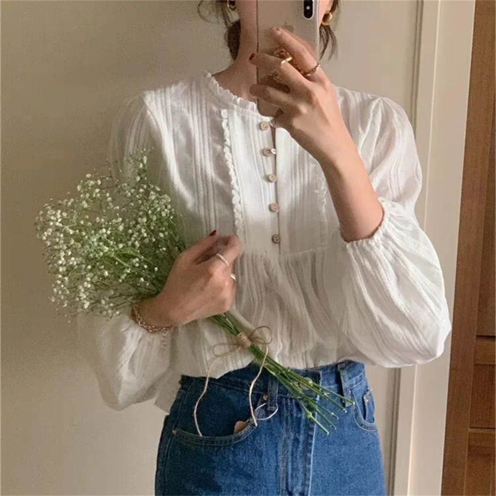 Japanese Korea Design Office Lady Button Elegant Formal White Basic Shirts Blouse Women\'s Ruffles Preppy Style Casual Cute Tops