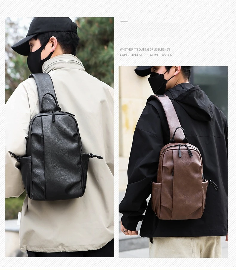 

Мужская водонепроницаемая нагрудная сумка из искусственной кожи, легкий, вместительный, с несколькими карманами, ручной рюкзак через плечо на одно плечо в стиле ретро.