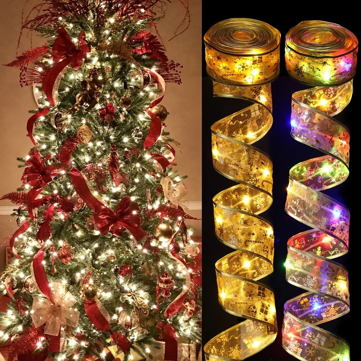 Christmas Ribbon Fairy Light Christmas Decoration DIY Bows String Light Tree Ornaments For Home Decor New Year Navidad PH281