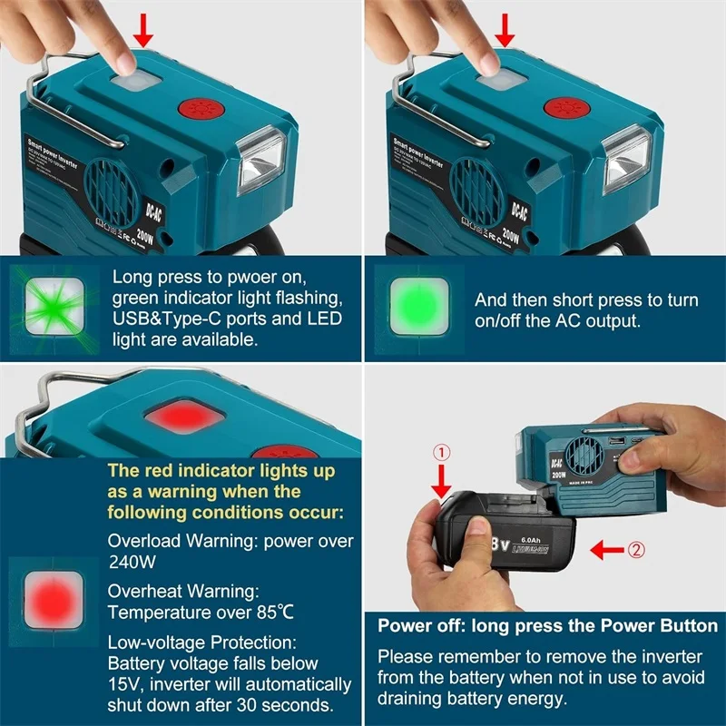 200W Power Inverter Generator for Makita 18V Battery, DC 18V to AC 120V/220V Power Adapter Inverter with USB&Type-C Port