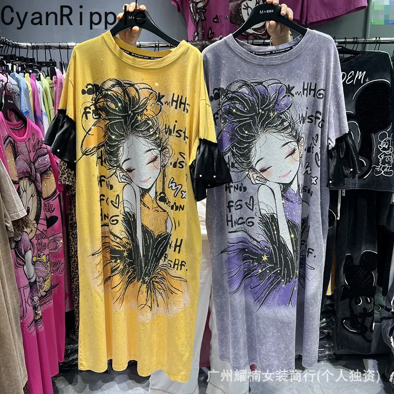 

All-match Spring Summer Patchwork Short Sleeve T-shirt Dress Mid-long Round Neck Casual Top Beads Cartoon Printed Straight Dress