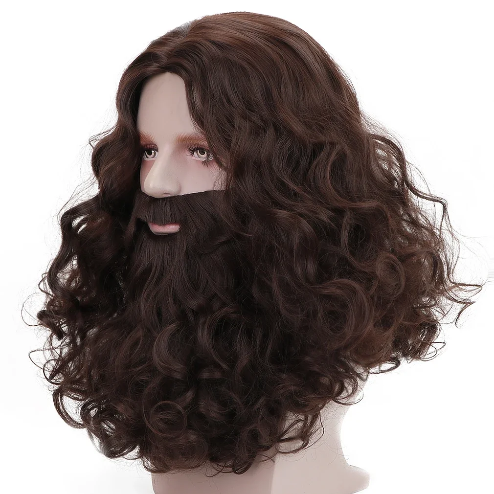 ACAG Cosplay Costume Party Halloween Christmas Man Hair Accessory  Brown Jesus Wig and Beard Set-Adult Curly  Heat Resist