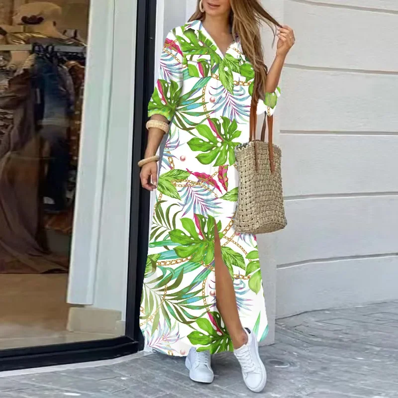 Modna koszula sukienka kobiety z długim kołnierzem guzik na rękawie długie sukienki dla kobiet nadruk w stylu Vintage sukienki Maxi Sundress 2023