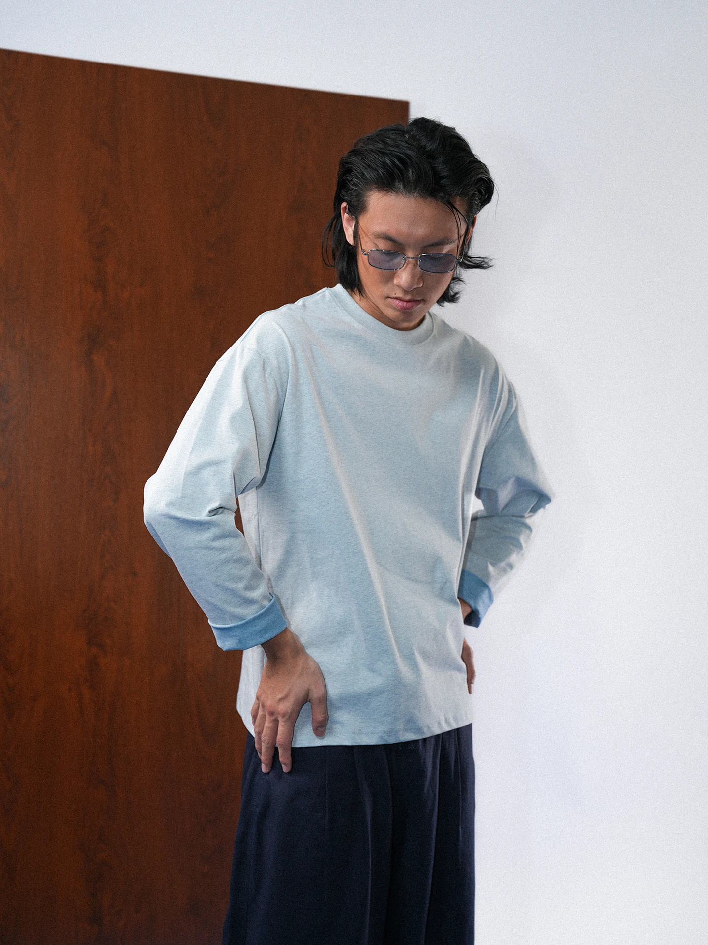 Loose Long Sleeve round Neck T-Shirt for Men Commute Pure Color Base Shirt O3PARK Youth Trendy Cotton Antibacterial Breathable