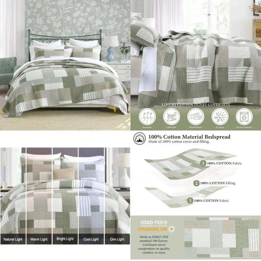 

King Size Plaid Quilt Set in Patchwork Light Green with 100% Cotton Bedspreads for a Farmhouse Rustic Style