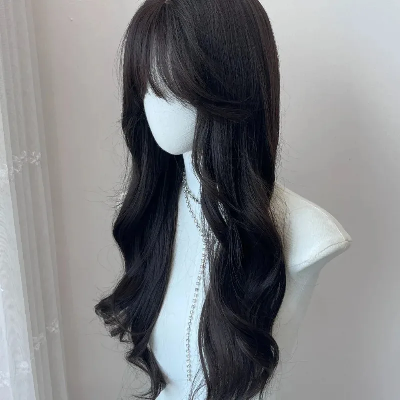 Ashely شعر مستعار طويل مموج أسود متموج الباروكات مع الانفجارات شعر مستعار اصطناعي ناعم بشكل طبيعي للاستخدام اليومي شعر مستعار عقال مقاوم للحرارة