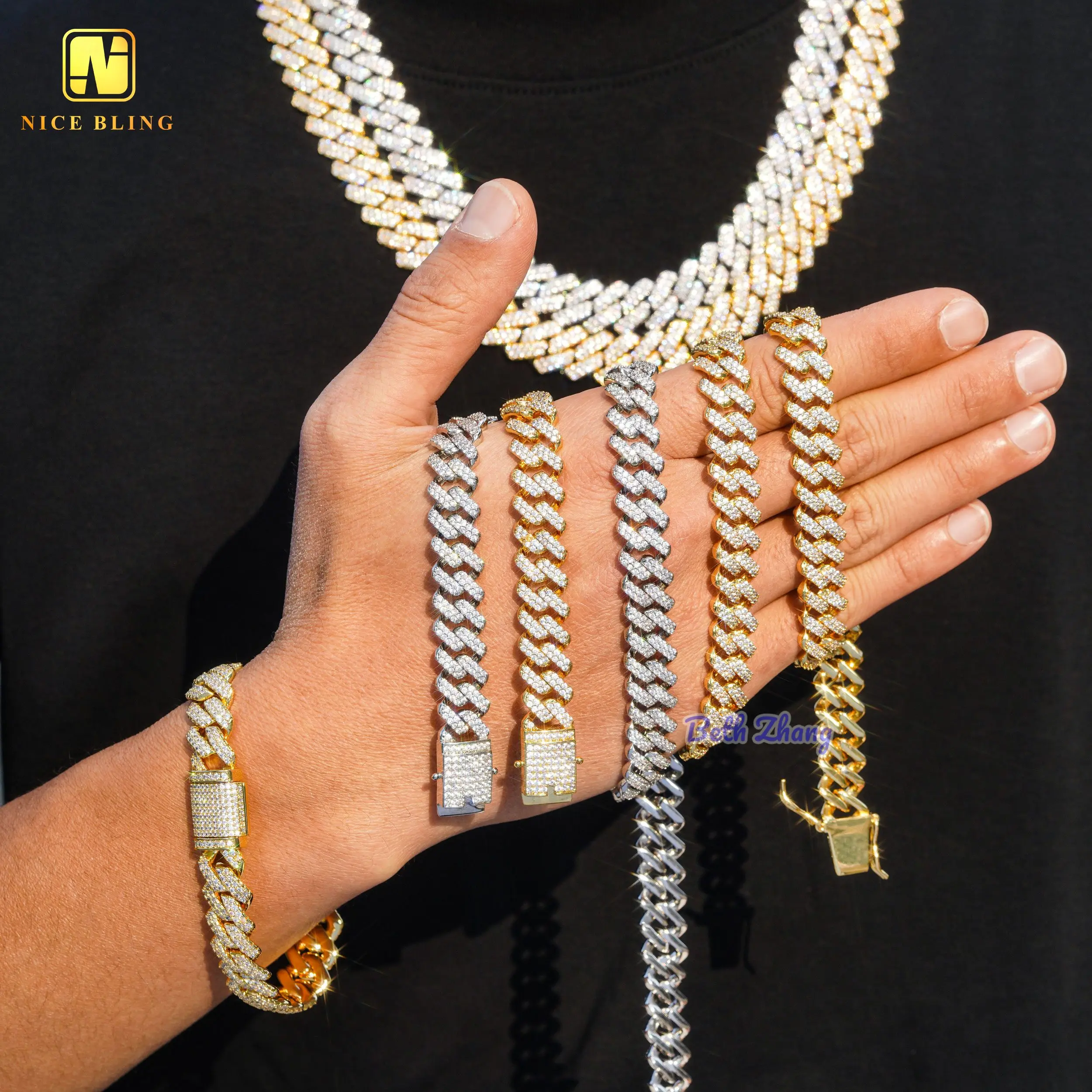 12mm Miami Cuban Link Chain 18k Gold Plated Brass Men Cuban Necklace Iced Out Zirconia Necklace Bracelet