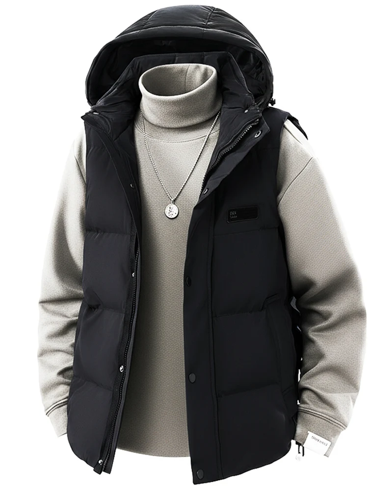 

Men's down Vest Large Size Trendy Outerwear Hooded Loose Workwear Warmth Body Heat Retention Sports Sle Zipper Closure