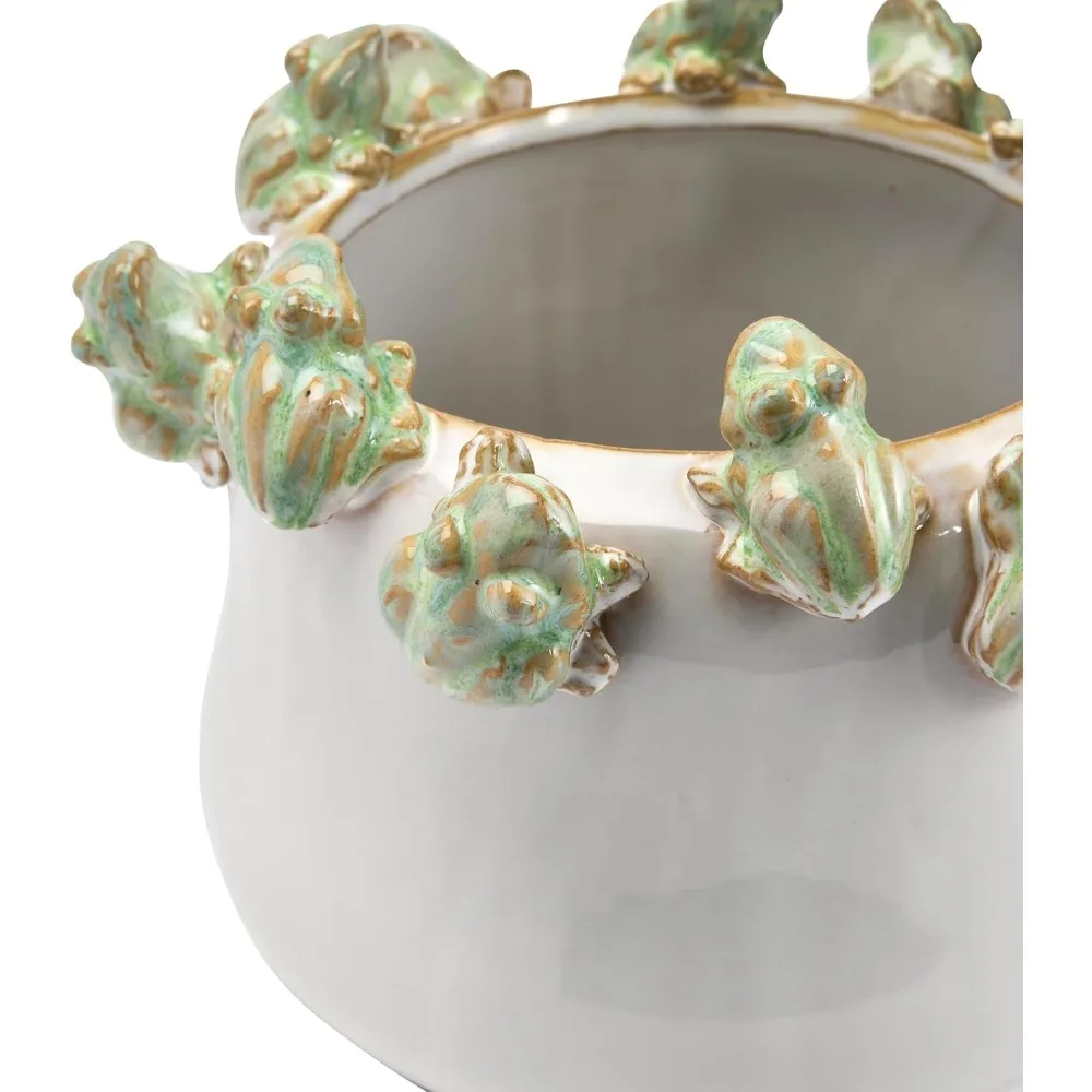 زارع الخزف الحجري المصنوع يدويًا مع ديكور الضفدع، طلاء تفاعلي لديكور الحديقة الداخلي والخارجي، نمط الكوخ