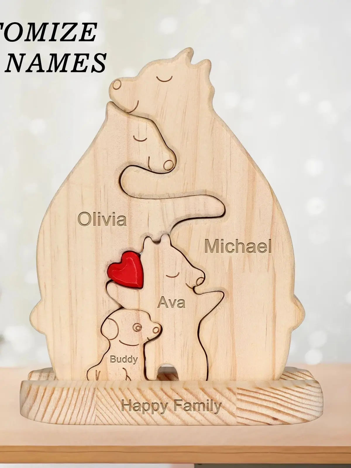 

Personalized Custom Wooden Carving Bear Family with puppy Desk Ornaments Free Engraving Mother's Day Birthday Gifts Family Gift