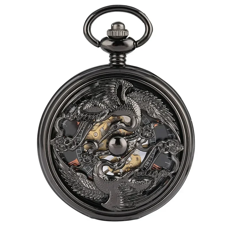 Retro Hollow Out Cranes Men Women Hand-winding Mechanical Pocket Watch Manual Skeleton Clock Roman Numbers Watches Pendant Chain